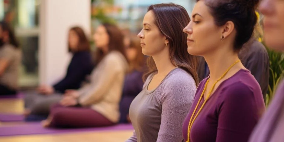 Participants seated with their eyes closed during a guided breathing practice.